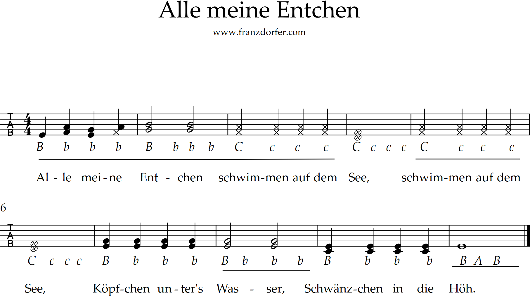 ziachnoten, Alle meine Entchen, mit begleitung steirische,2stimmig griffschrift, alle meine Entchen,2stimmig, mit Begleitung